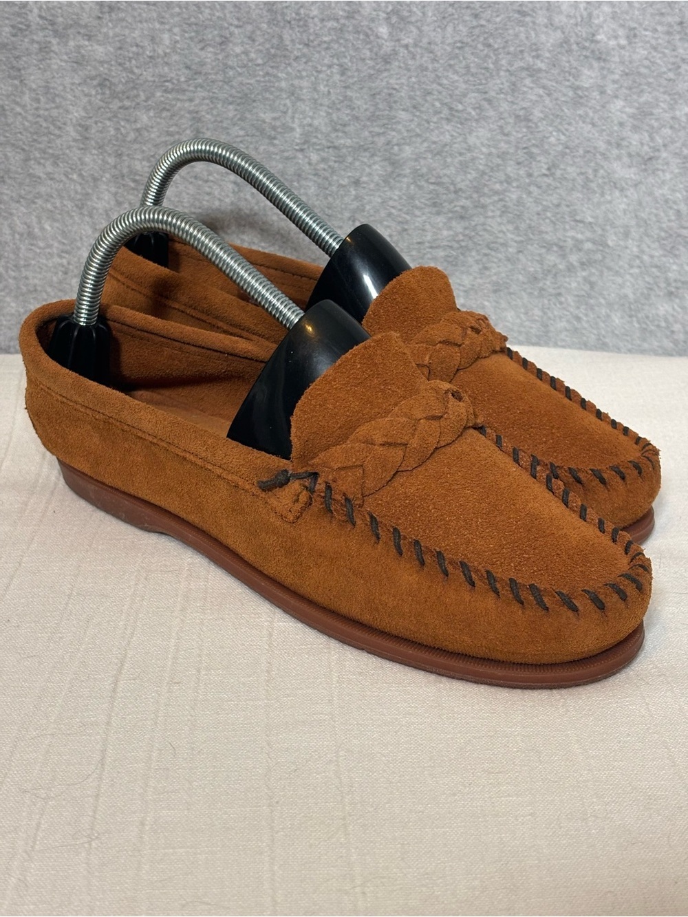 Minnetonka Braided Slip-On Suede Boat Moccasin Loafer-Brown-Women Size 9